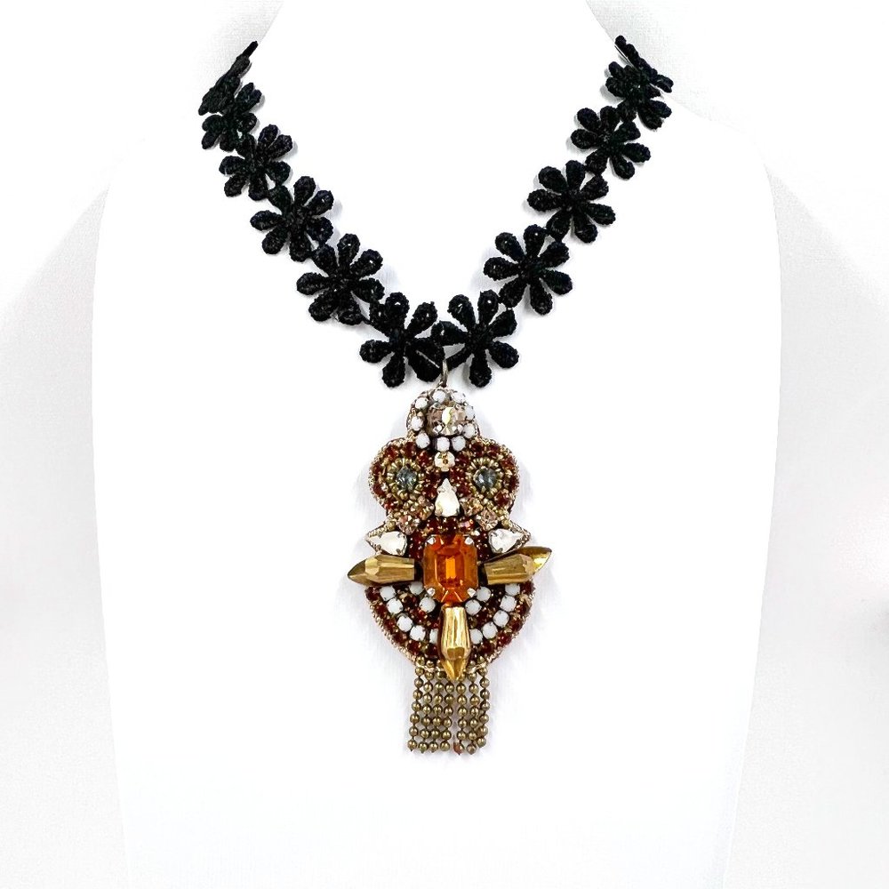 Up-Cycled - Gold & Orange Jeweled Owl Pendant Black Lace 12” Choker Necklace